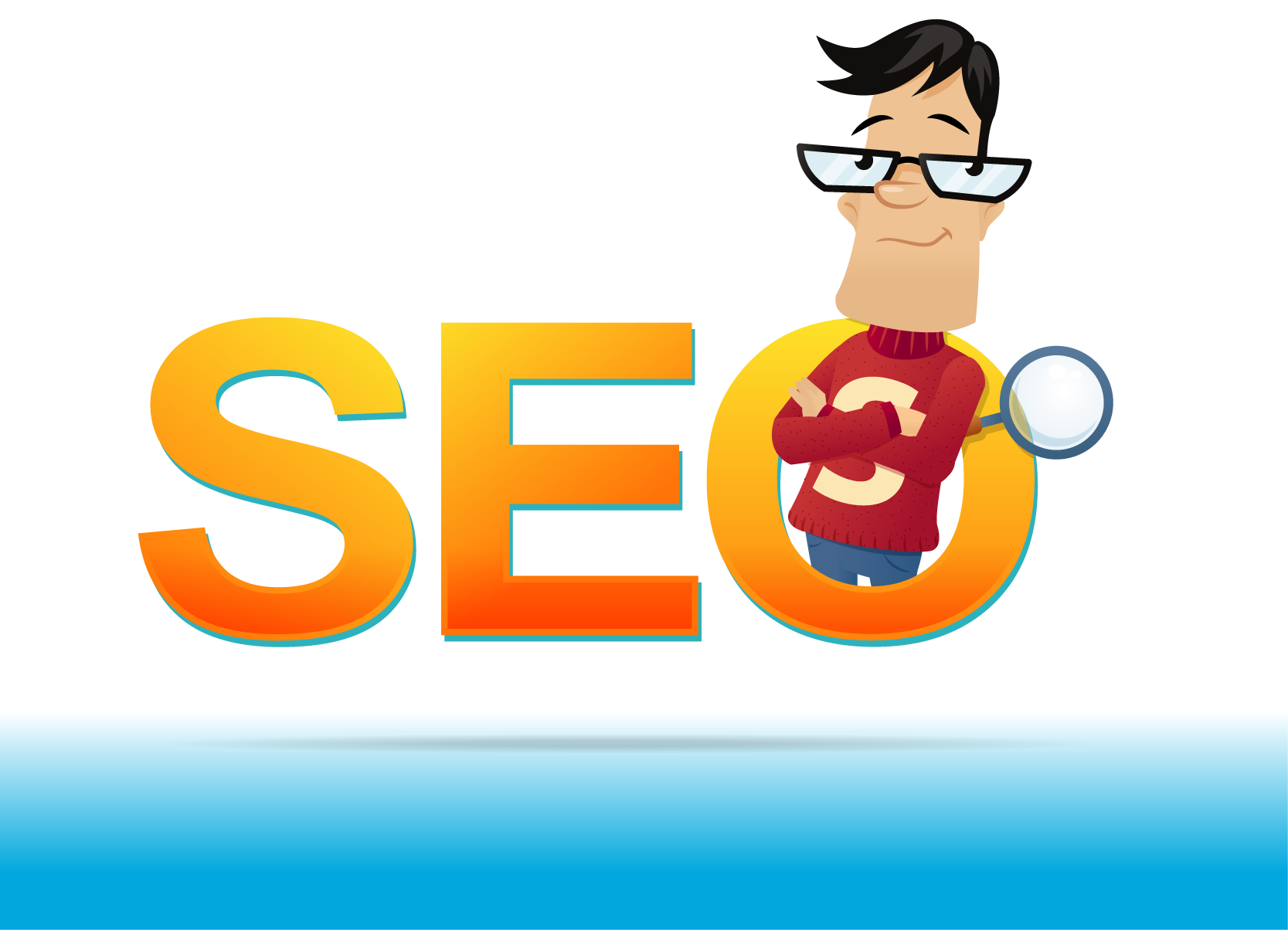 Cartoon Marketer with Magnifying Glass and Red Sweater