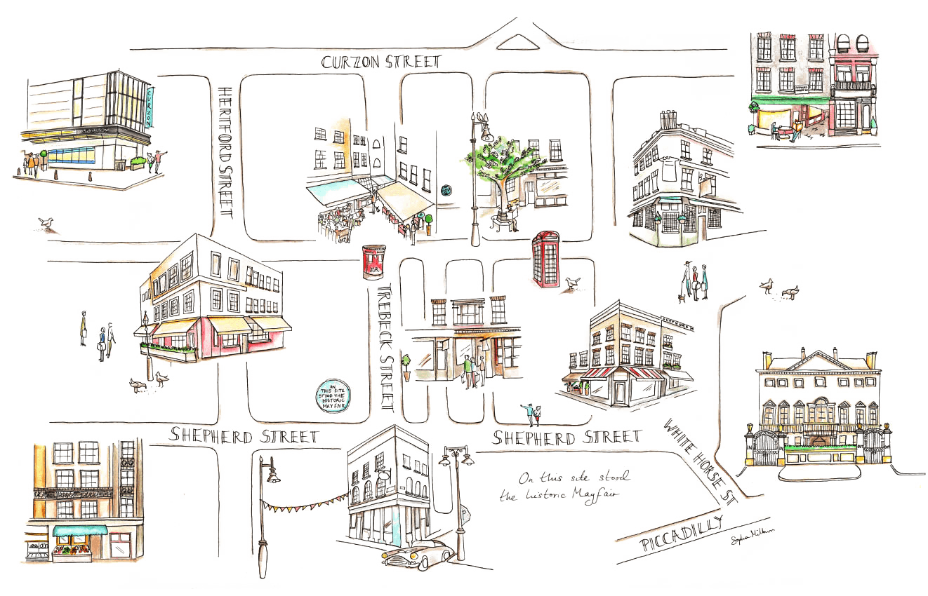 Hand-Drawn Mayfair Street Map with Red Phone Box