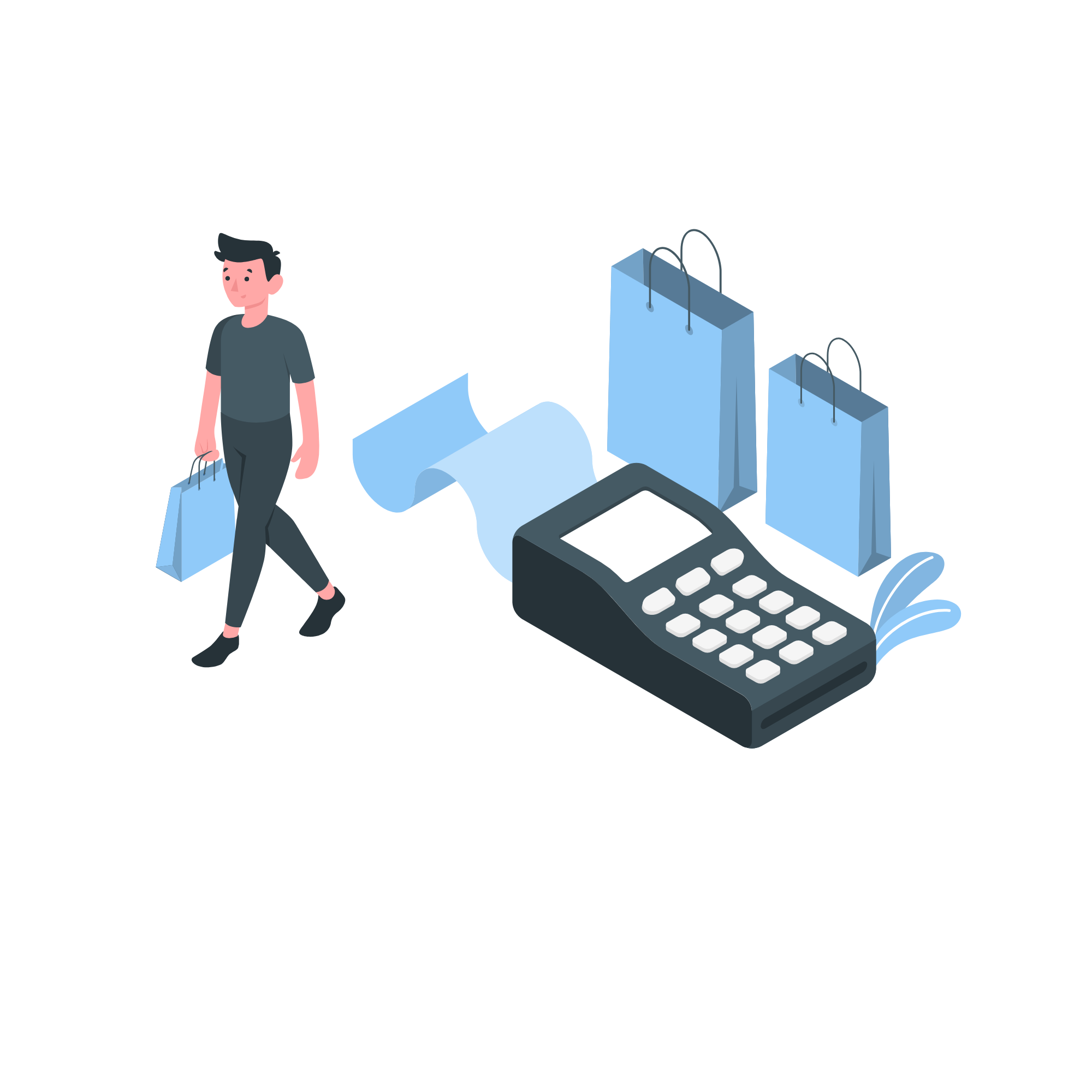 Shopping man in blue long sleeve shirt and blue pants standing on white floor Ecommerce Trade Marketing Digital Marketing Businesstobusiness Service Industry t