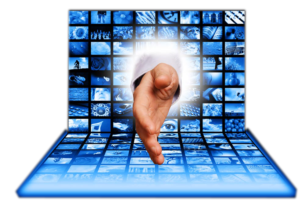 Outstretched Hand Above Glowing Blue Photo Grid