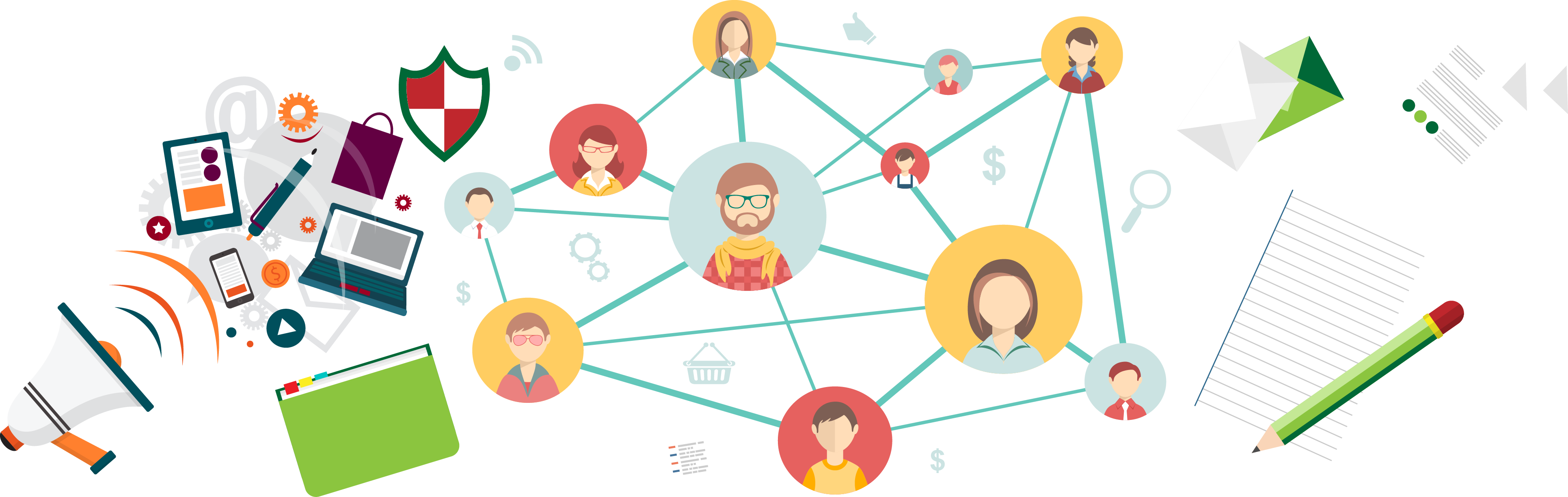 Flat Connected Social Profiles with Megaphone Icons