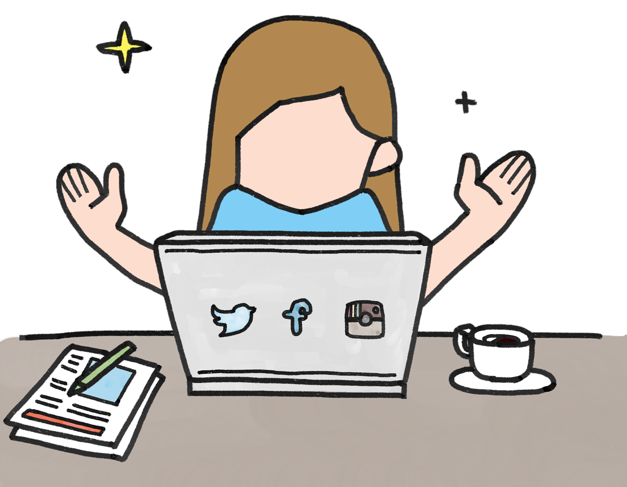 Cartoon Woman with Laptop and Social Icons