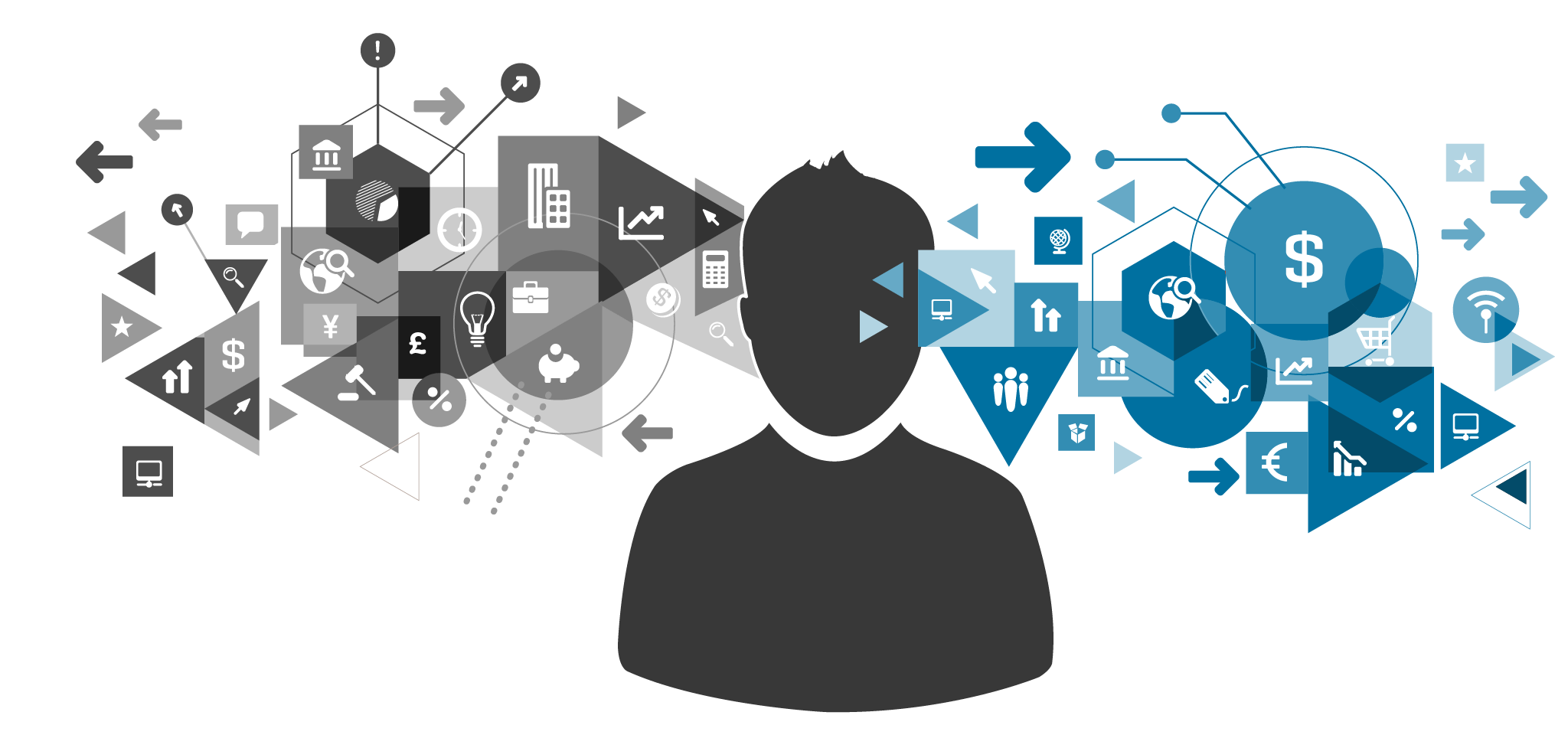 Silhouette Figure with Blue Business Icons