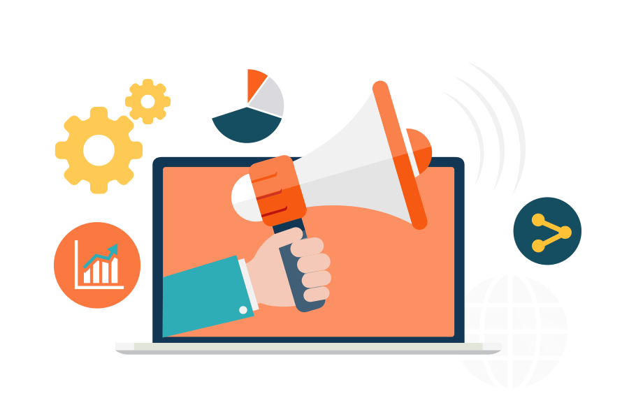 Hand Holding Orange Megaphone from Laptop
