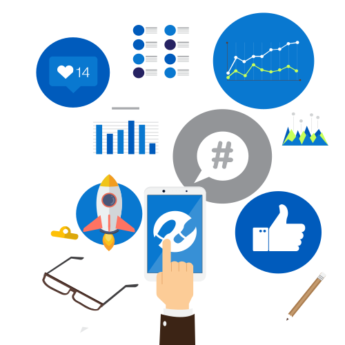 Blue Social Media Icons with Hand Tapping Phone