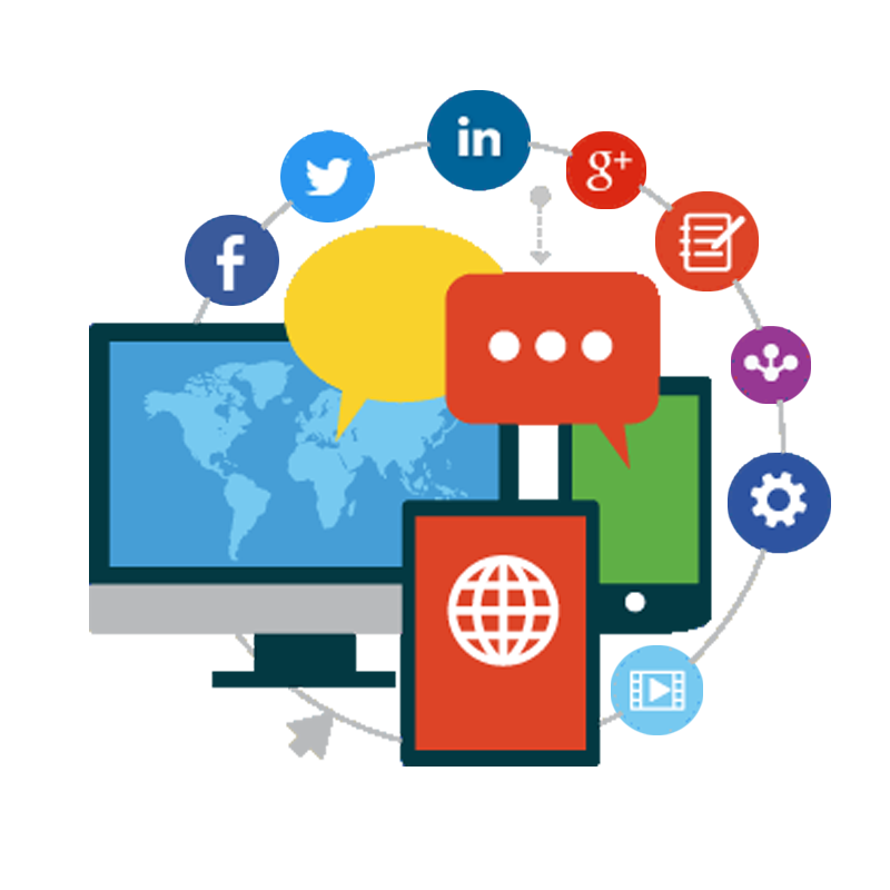 Flat Social Media Icons Around Monitor and Tablet
