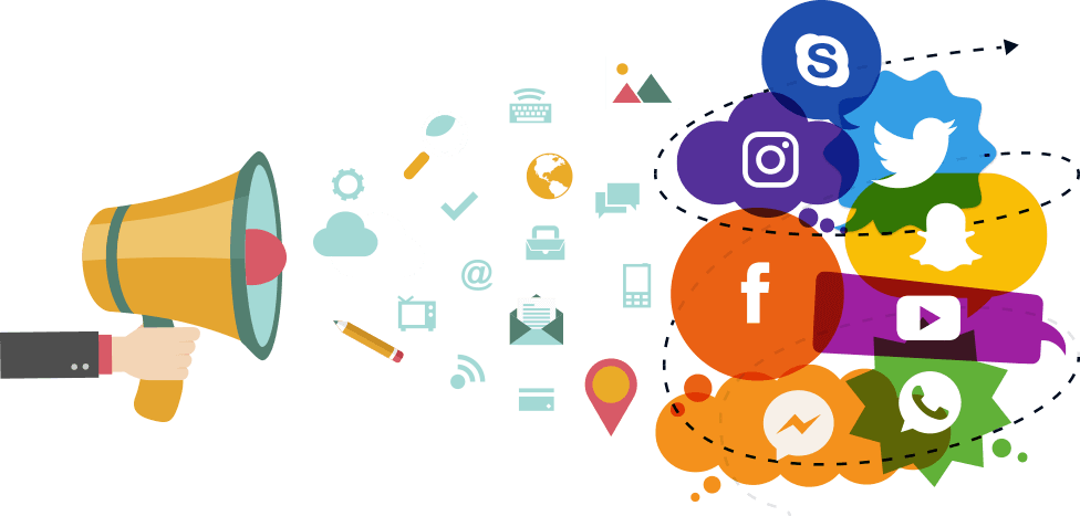 Megaphone with Colorful Social Media Icons