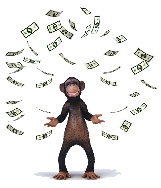 Grinning Cartoon Chimp Among Falling Dollar Bills