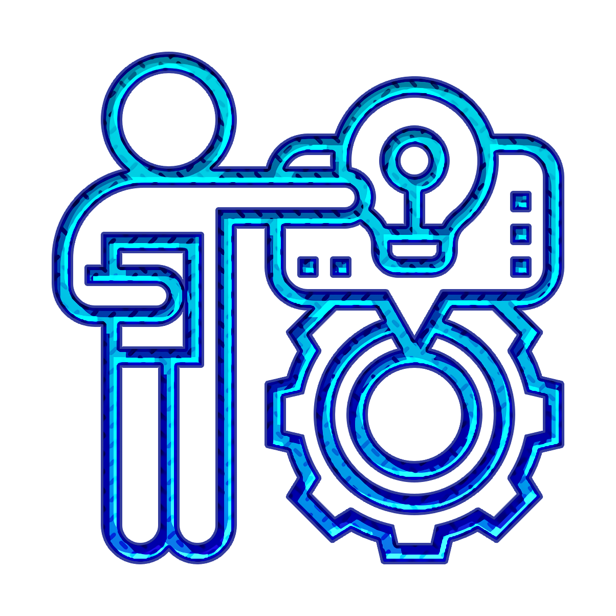 Blue Outline Person with Gear and Lightbulb