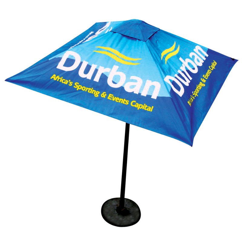 Blue Square Patio Umbrella with Durban Slogan