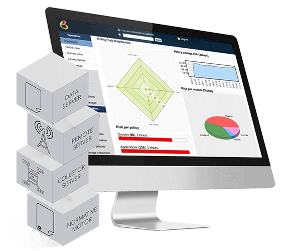 Stacked Grey Server Cubes with Monitor Dashboard