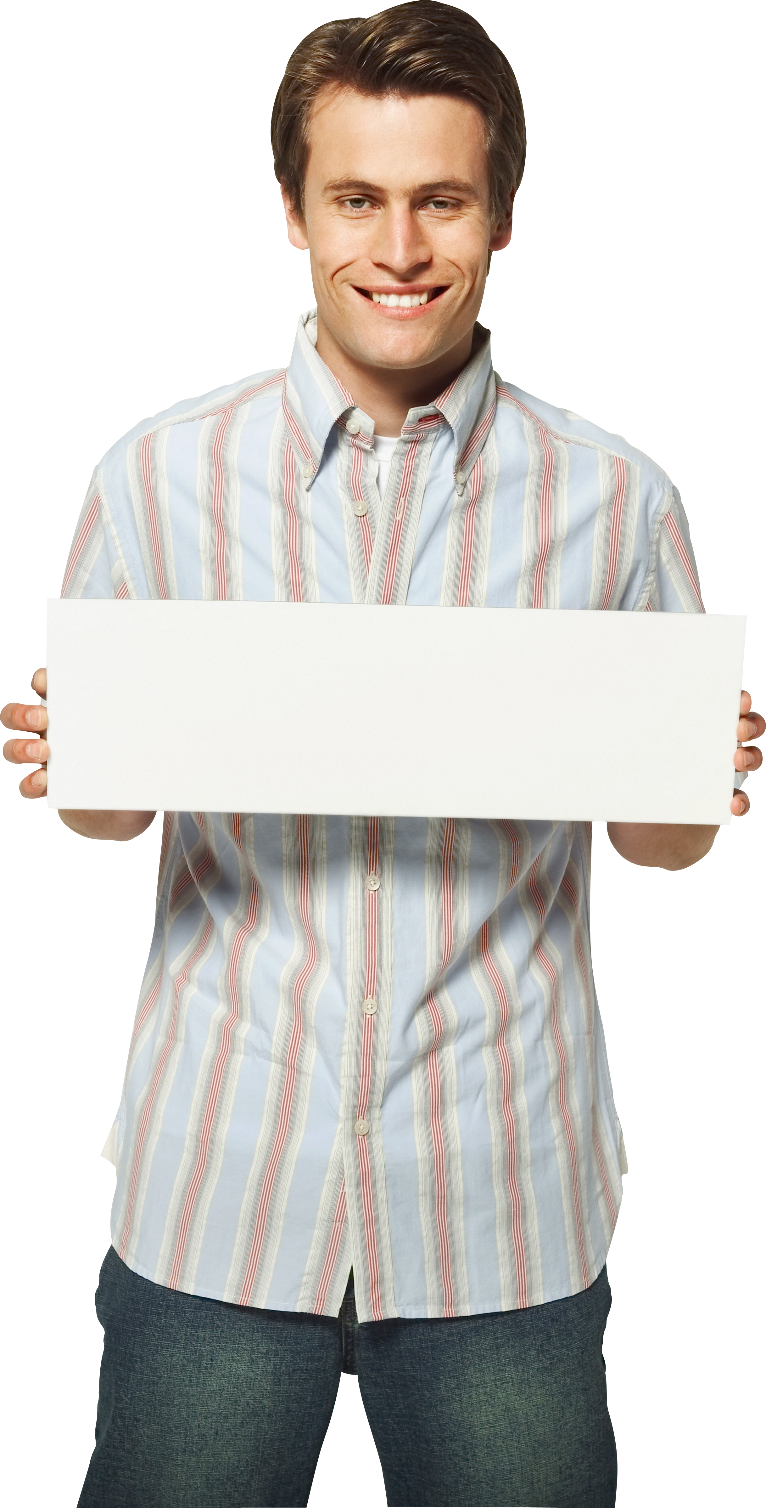 Smiling Man Holding Blank White Sign
