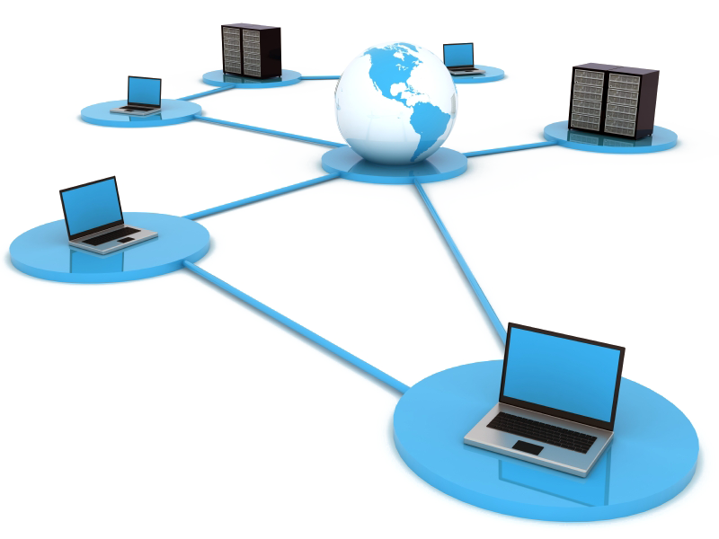 Laptops and Servers Linked Around Glowing Globe
