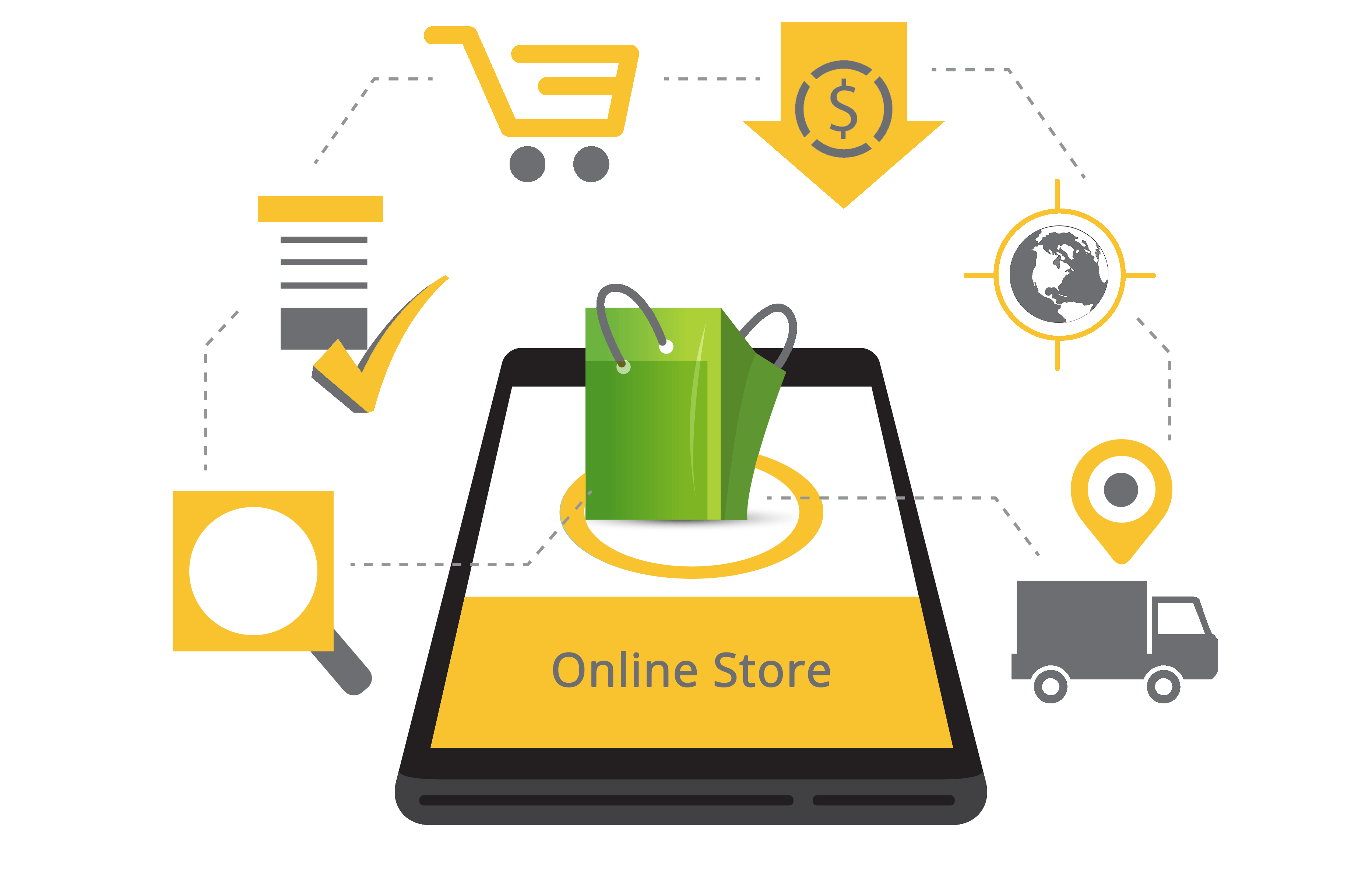 Green Shopping Bag on Phone with E-commerce Icons