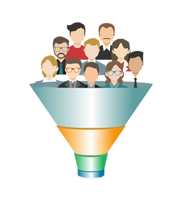 Cartoon People Entering Metallic Sales Funnel