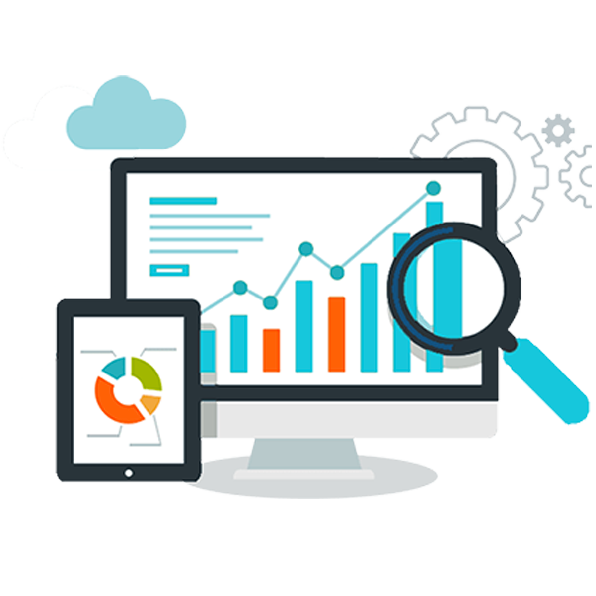 Flat Teal Analytics Charts on Monitor and Tablet