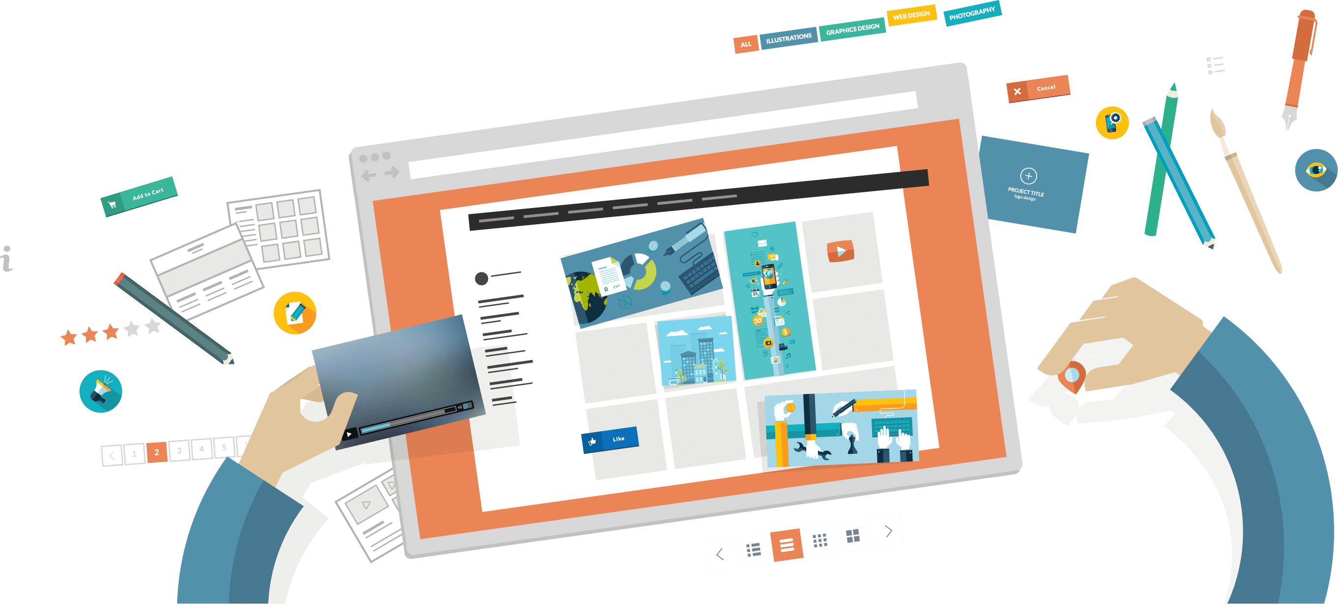 Flat Browser Window with Web Design Cards