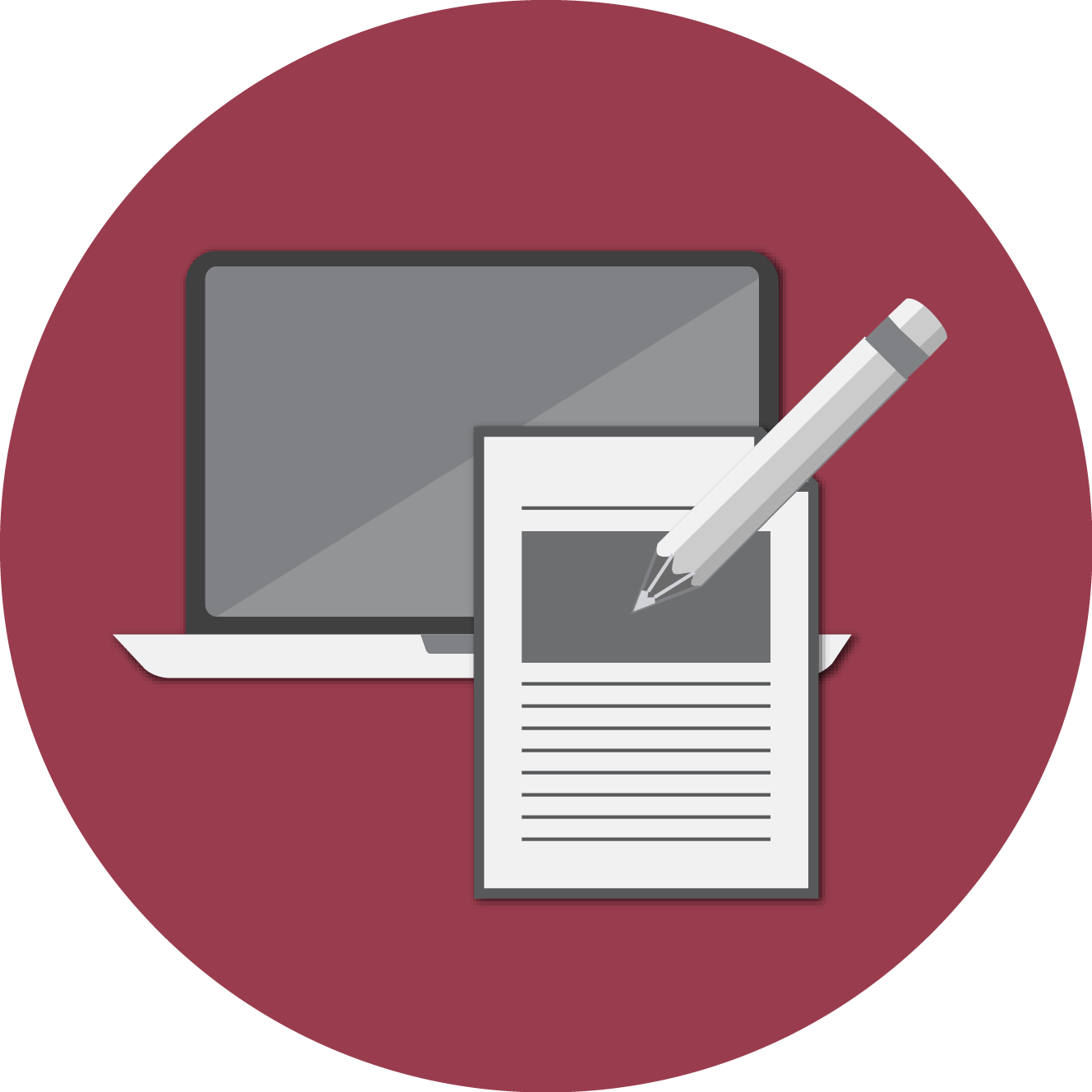 Grey Laptop and Pencil Icon on Maroon