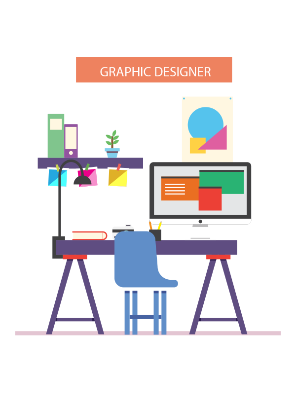 Flat Graphic Designer Desk with Purple Table