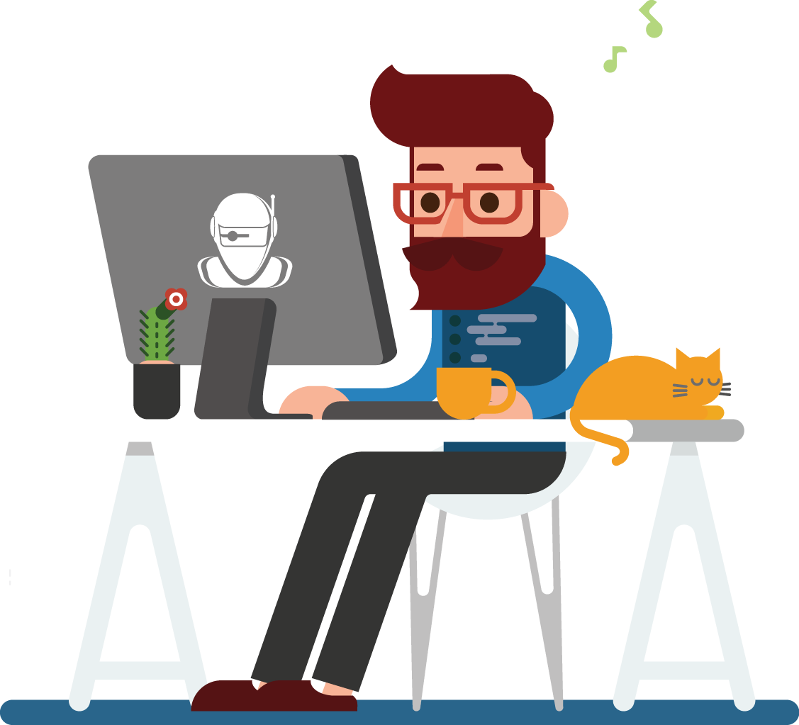 Bearded Developer Coding with Sleeping Orange Cat
