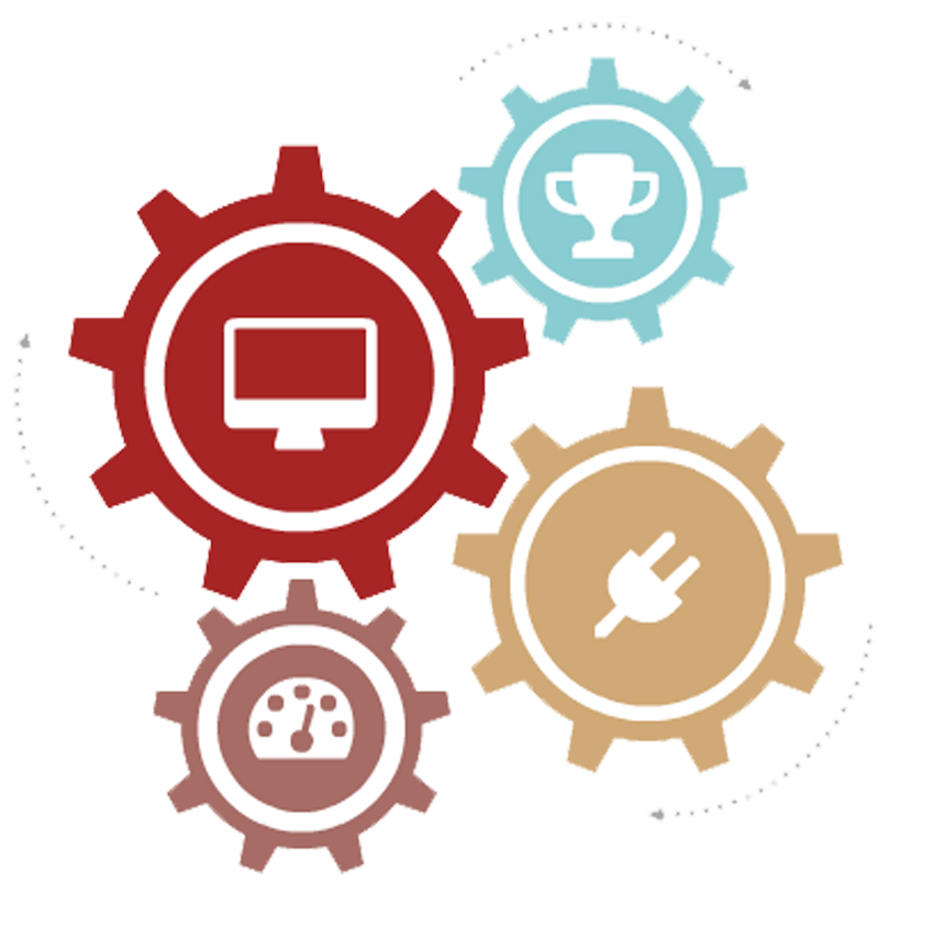 Four Interlocking Gears with Colorful Icons