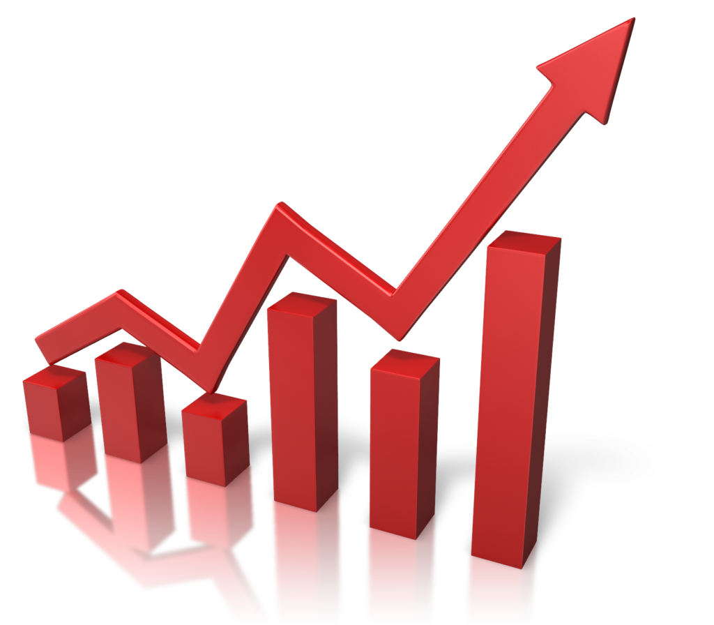 Red 3D Bar Chart with Upward Zigzag Arrow