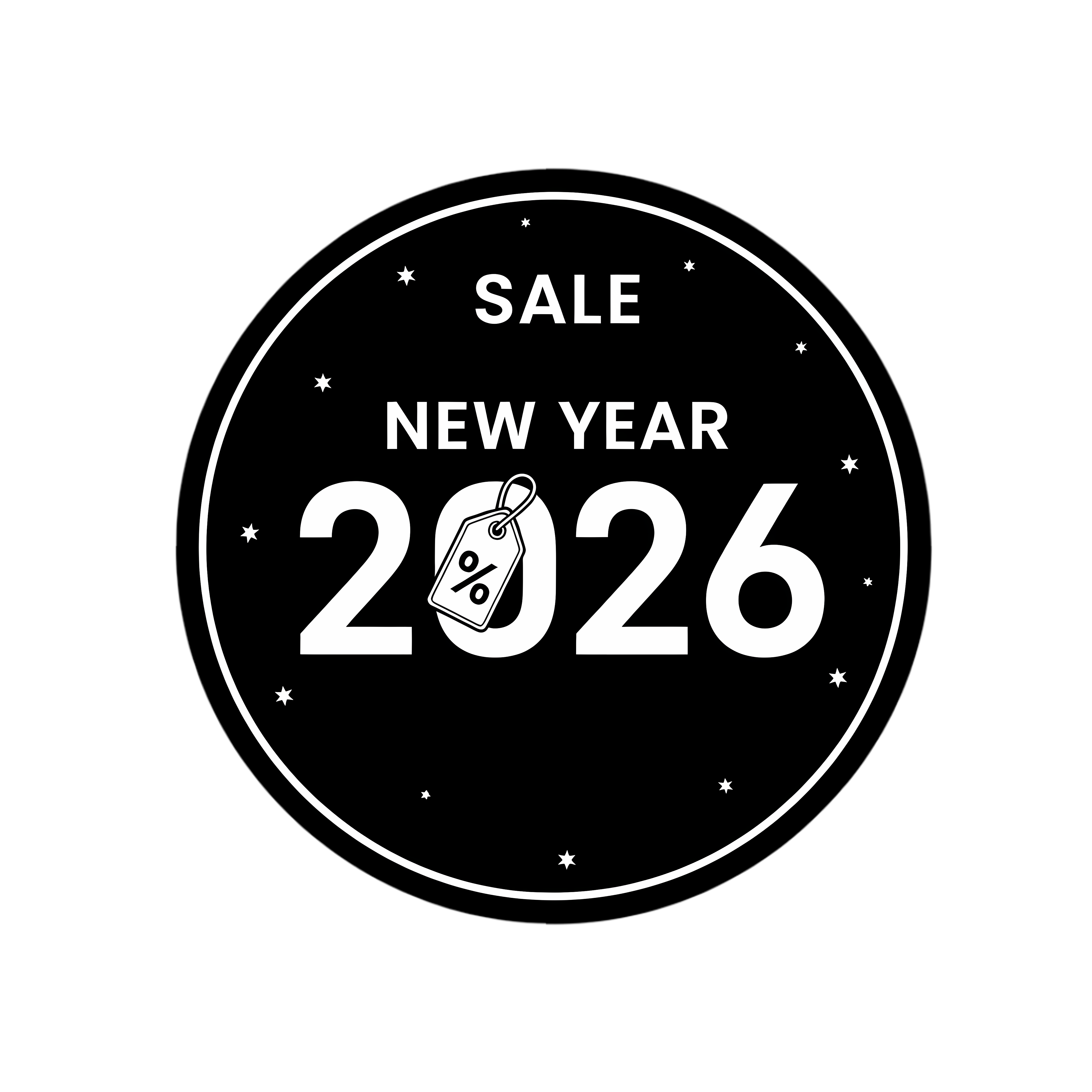 circular black new year 2026 sale stiker design