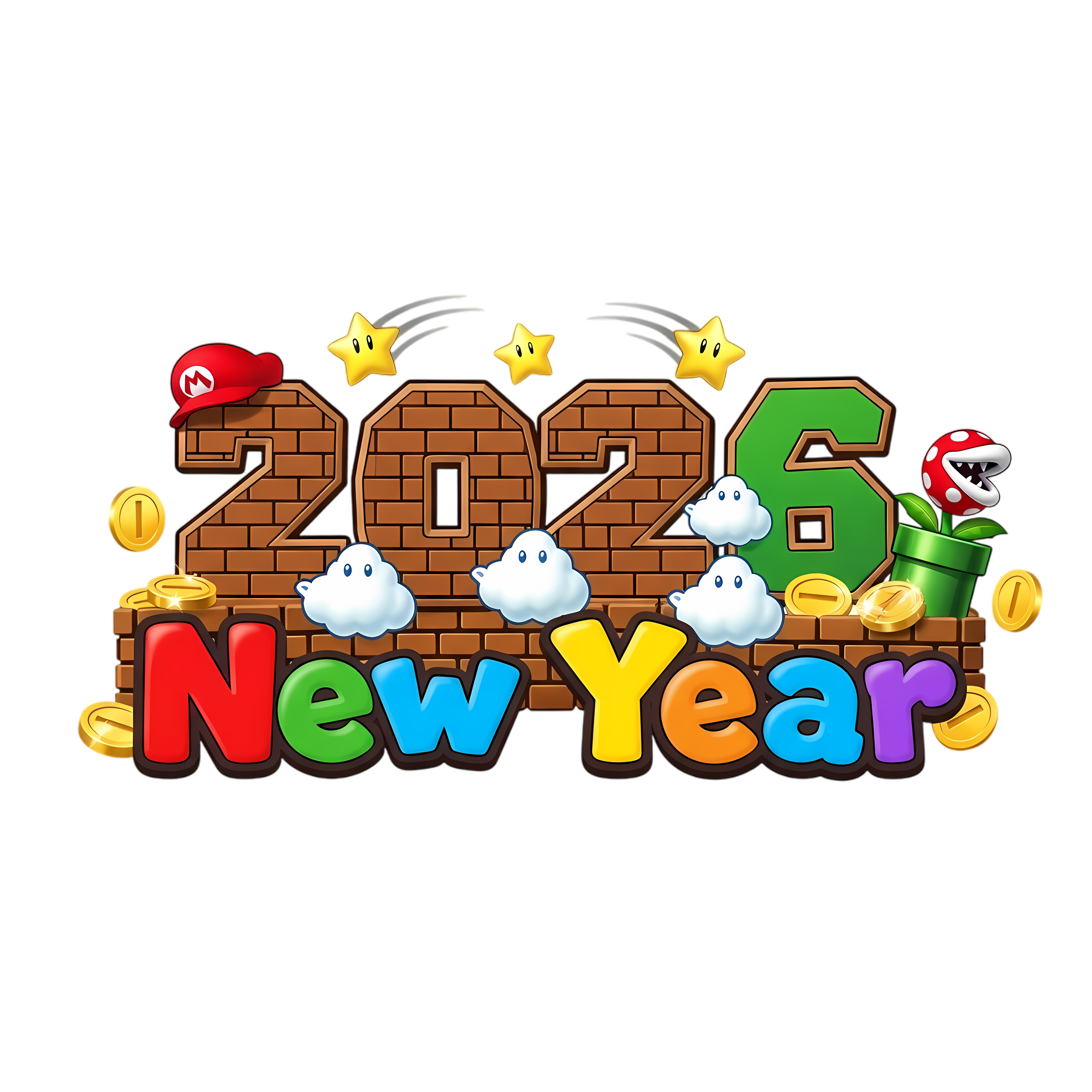 2026 New Year Typography with Retro Game Icons