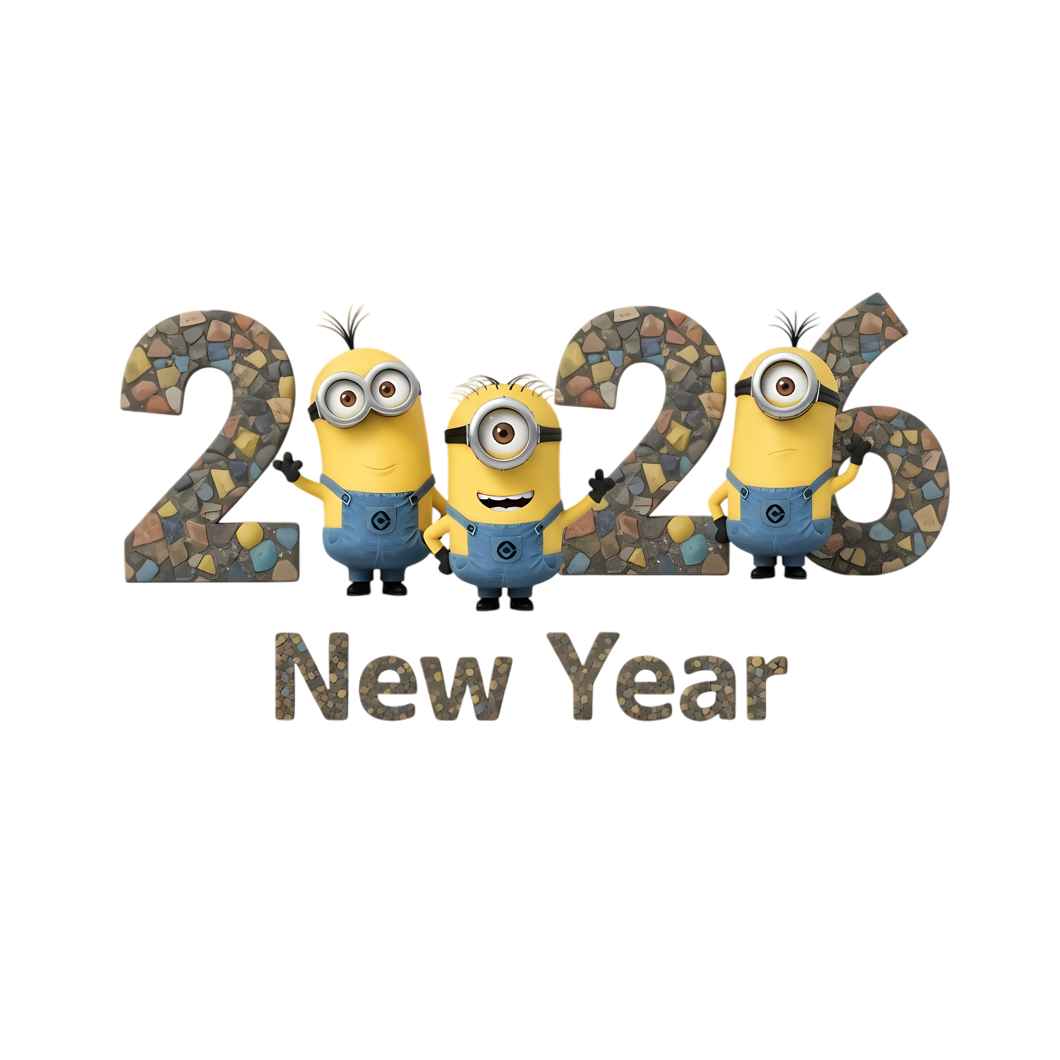 Three Yellow Minions with Mosaic 2026 Lettering