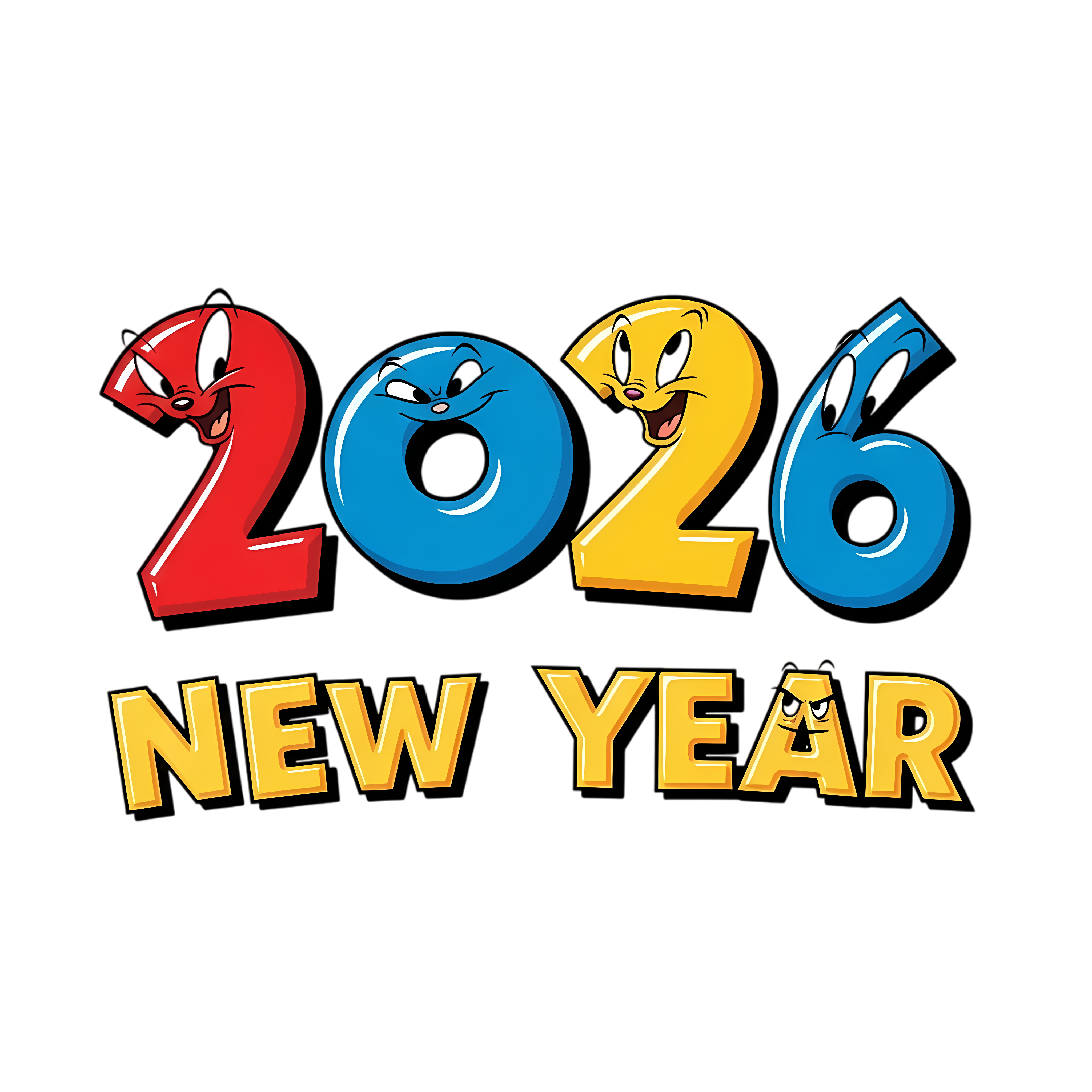 2026 Cartoon Numerals in Red, Blue and Yellow