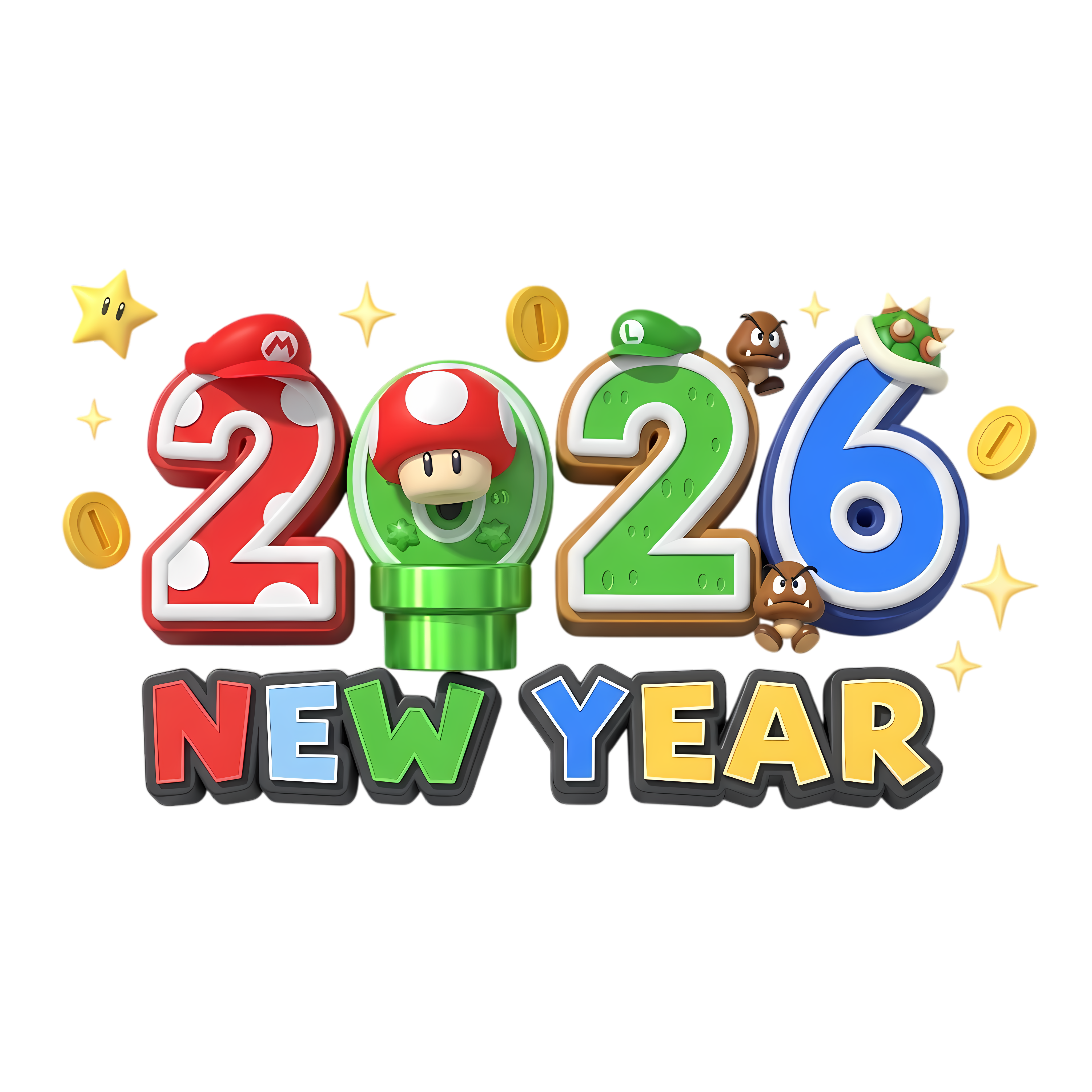 3D 2026 New Year Numerals with Mushroom