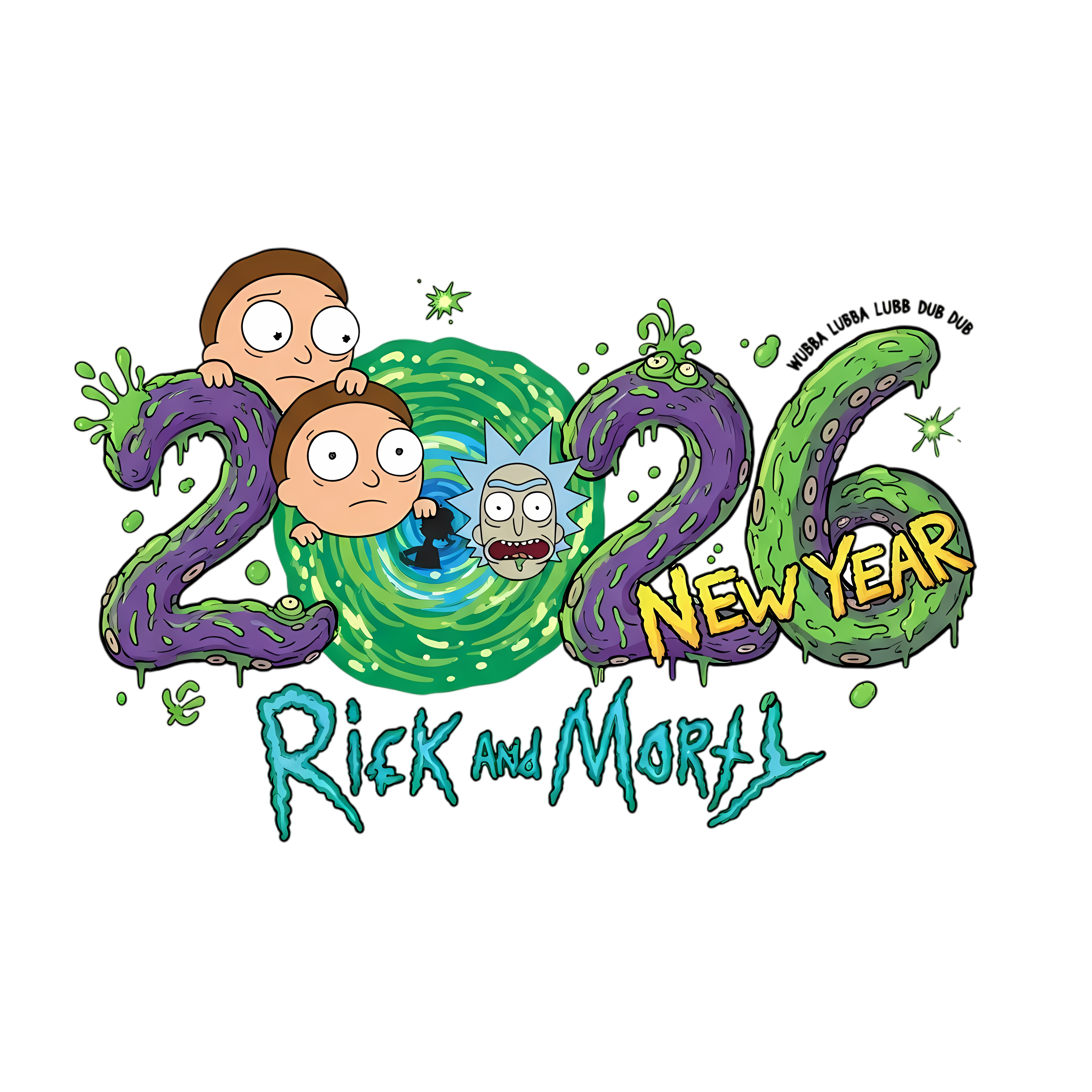 rick and morty cartoon 2026 new year typography