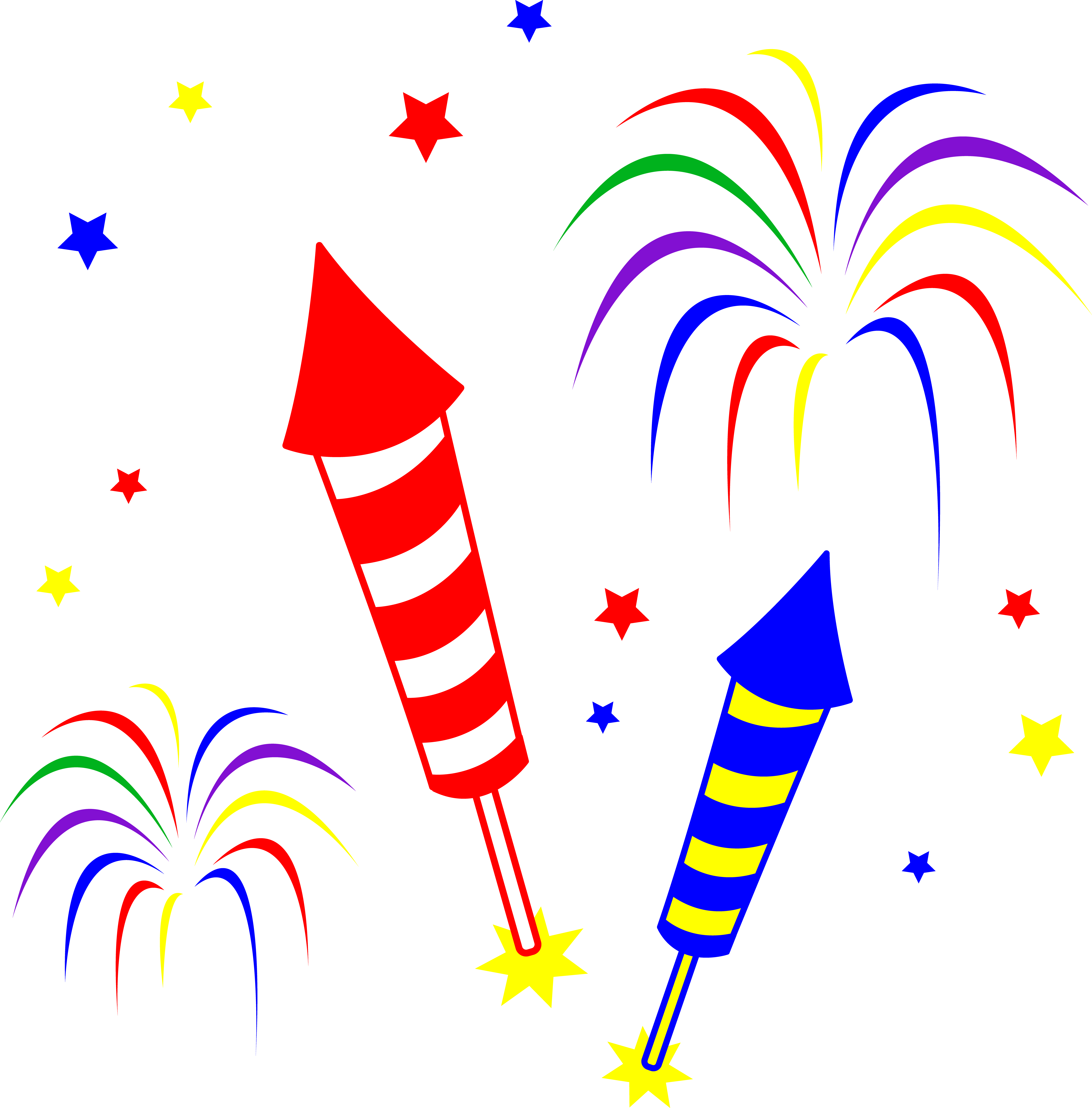 Cartoon Fireworks with Red and Blue Rockets