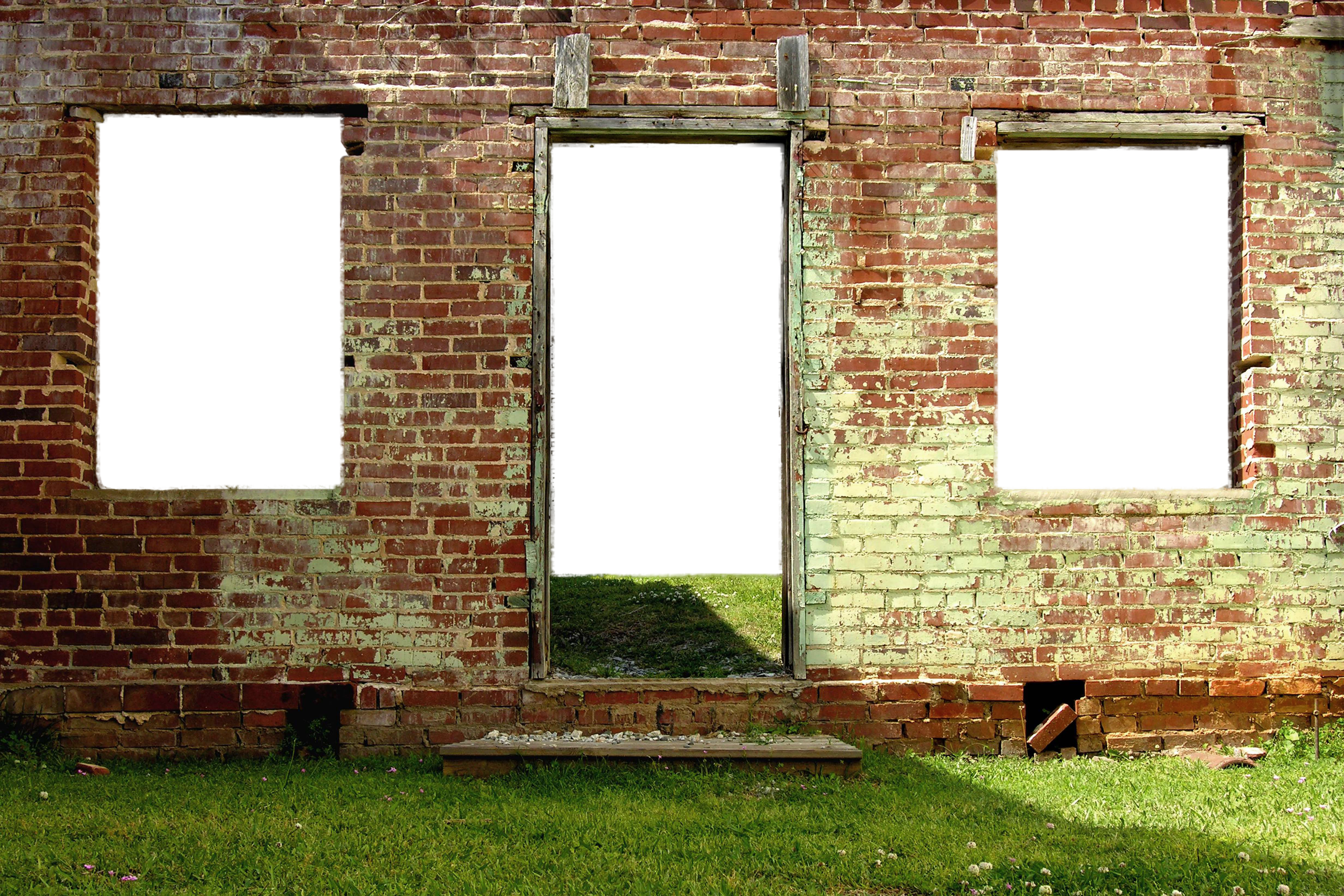 Weathered Red Brick Wall with Green Doorway