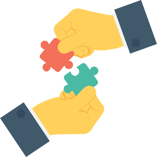 Yellow Hands Joining Red and Teal Puzzle Pieces