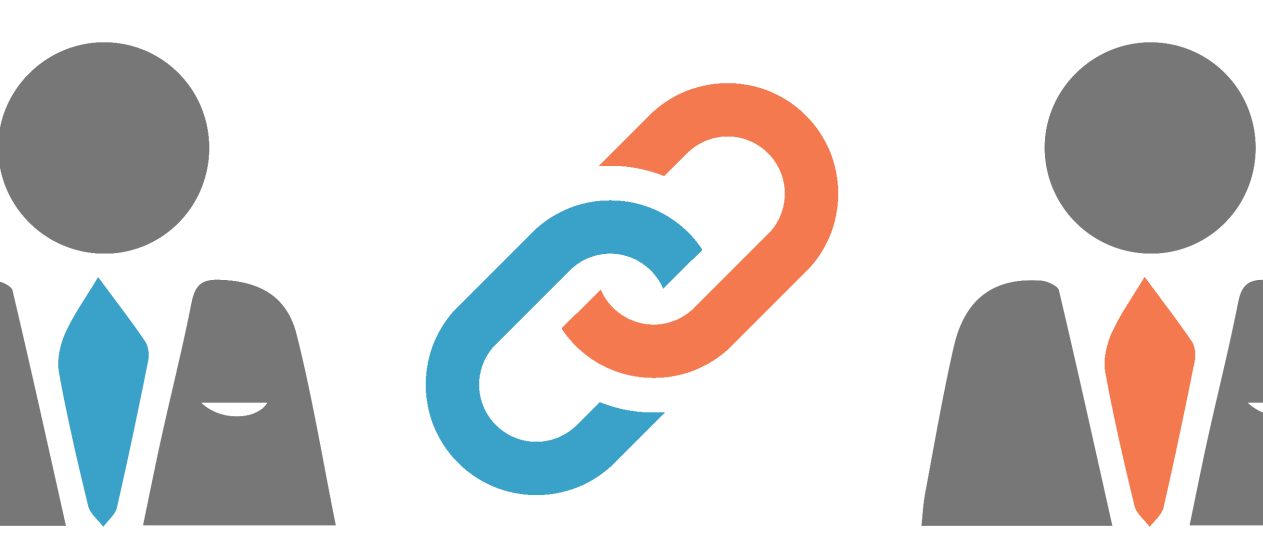 Business Figures Linked by Blue Orange Chain