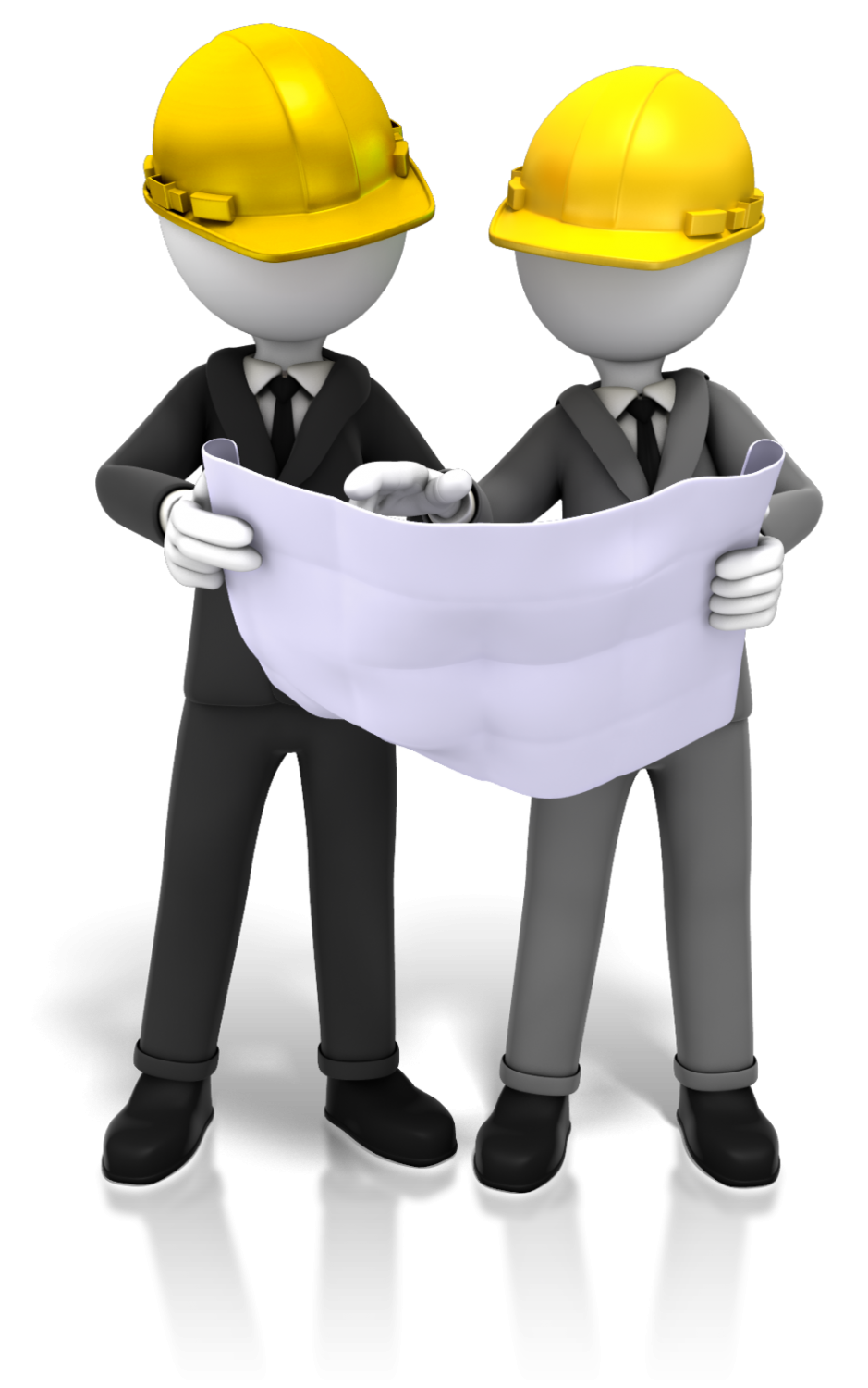 Two 3D Workers Reviewing Blueprint in Hard Hats