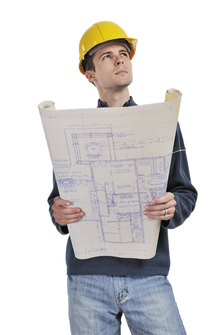 Construction Worker Holding Blueprint in Hard Hat