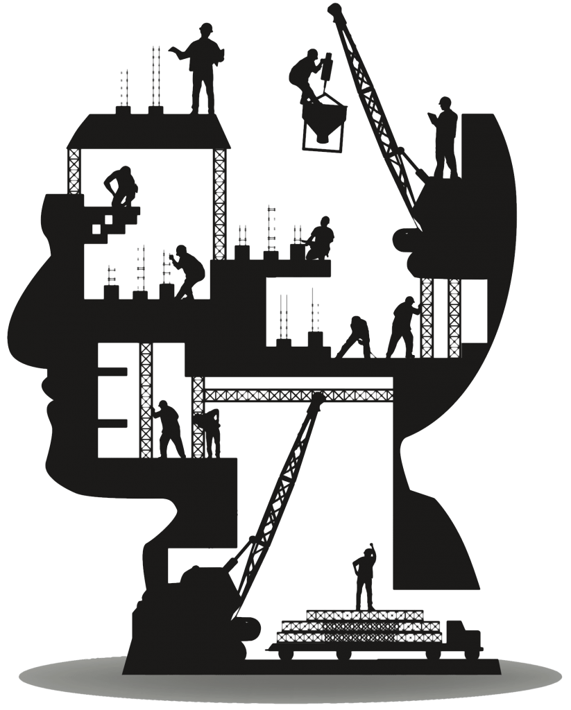 Black Silhouette Head Filled with Construction Workers