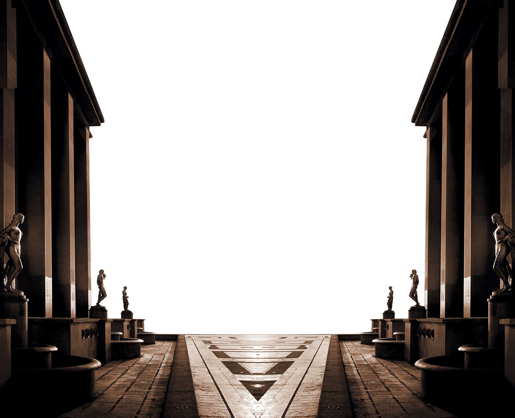 Symmetrical Sepia Classical Colonnade with Statues