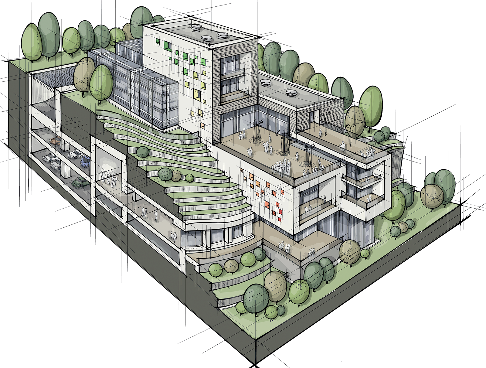 Colored Architectural Sketch of Terraced Building