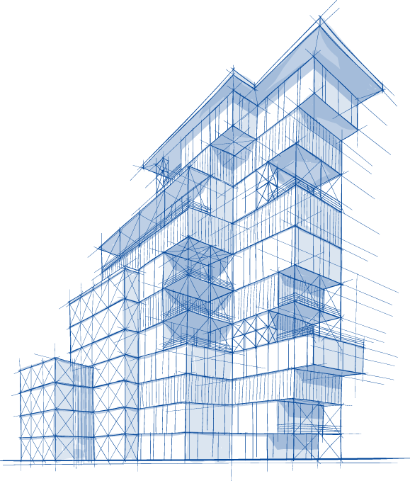 Blue Sketch of Stepped Office Building