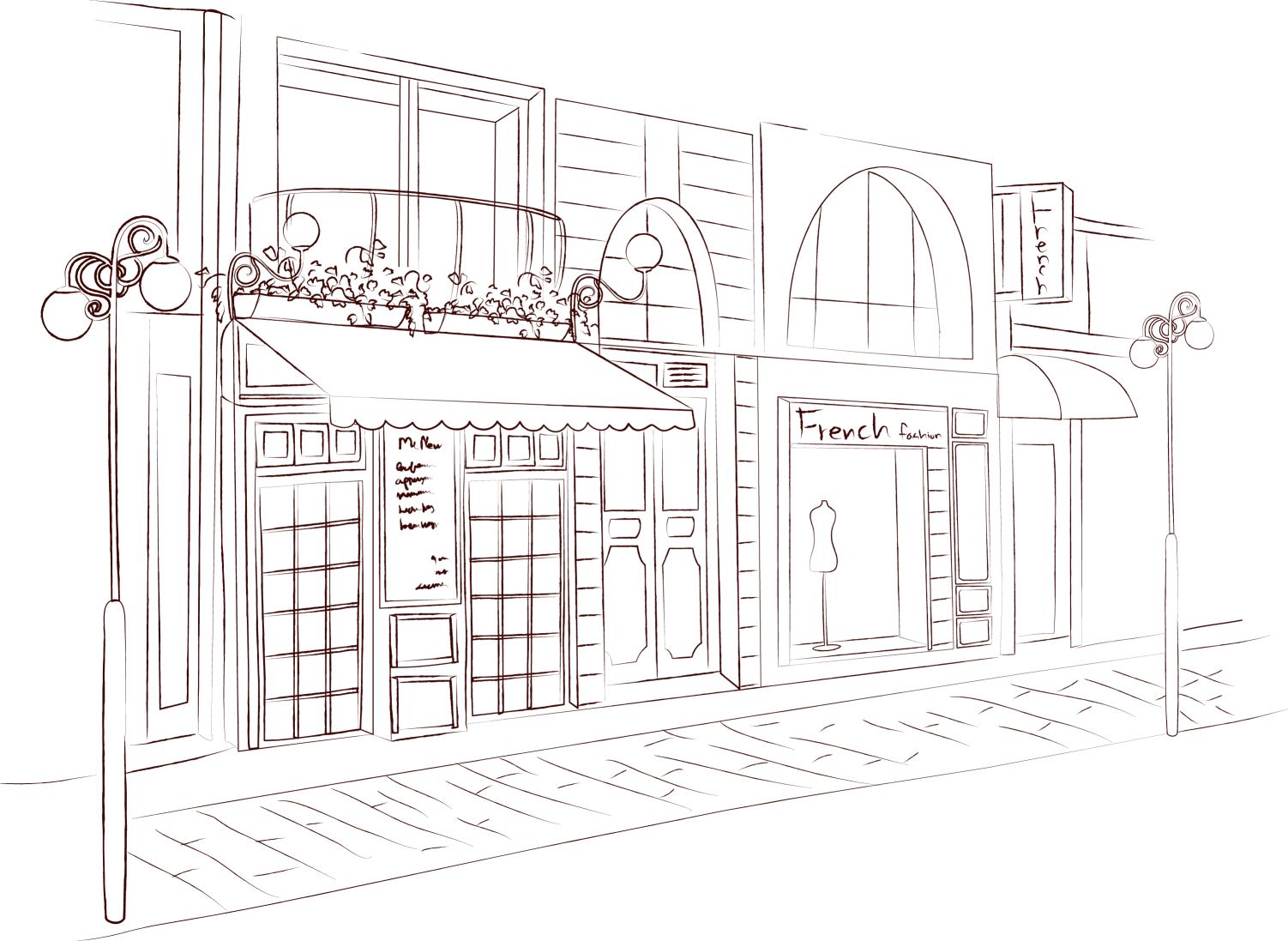 French Fashion Storefront Line Drawing