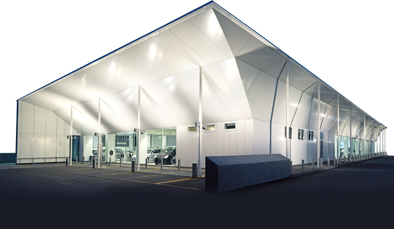 Modern Car Showroom Building with White Roof
