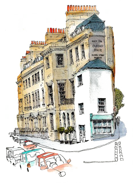 architecture watercolor painting drawing urban sketchers sketch retro building