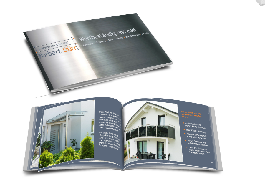 Open Brochure Spread with Brushed Steel Cover