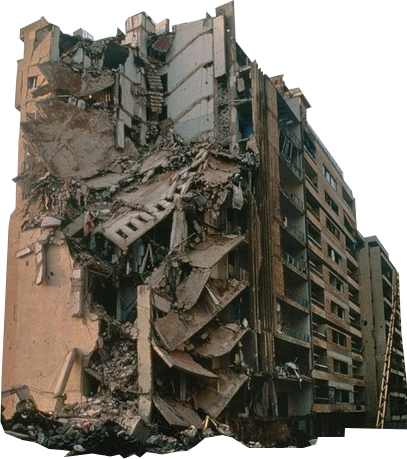 Collapsed Concrete Apartment Building with Rubble