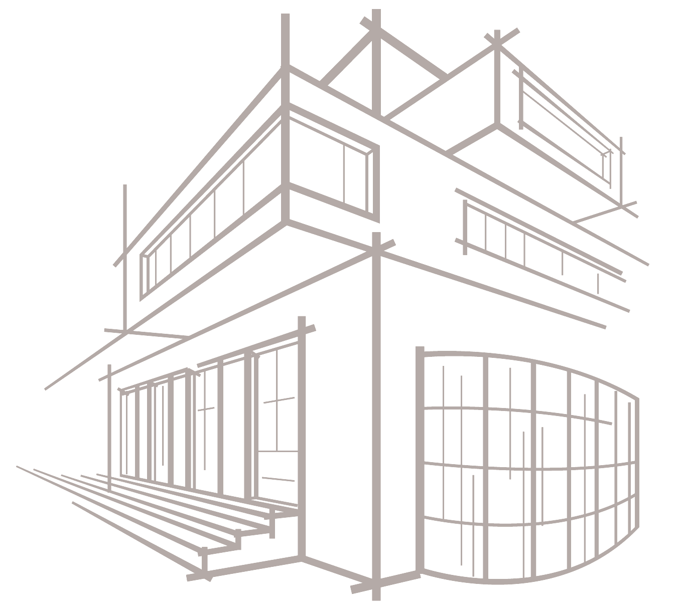 Two-Story House Line Sketch with Bay Window