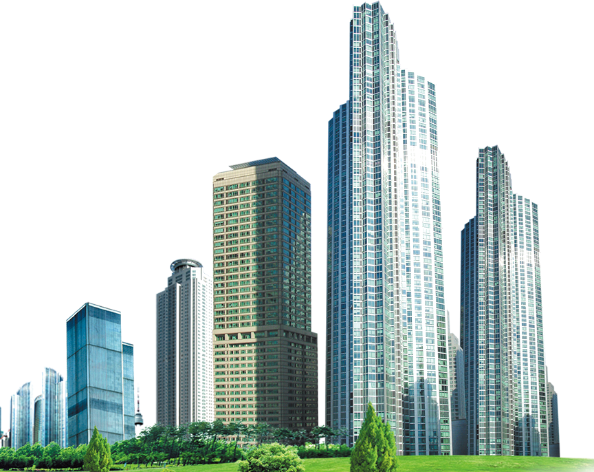 Glass Skyscraper Cluster Above Green Trees