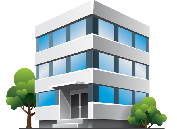 Flat Cartoon Office Building with Blue Windows